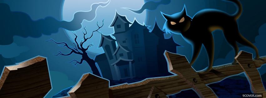 Photo black cat and haunted house Facebook Cover for Free